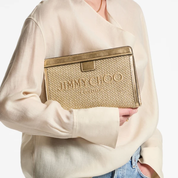 Gold and Dark Cappuccino Jimmy Choo Avenue Pouch, view 2 | Clutch Bags