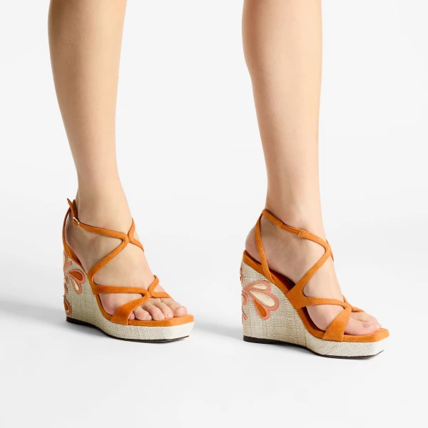 Sunset Orange and Natural Mix Jimmy Choo Ayla 110 Wedges, view 2 | Sandals