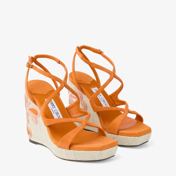 Sunset Orange and Natural Mix Jimmy Choo Ayla 110 Wedges, view 3 | Sandals