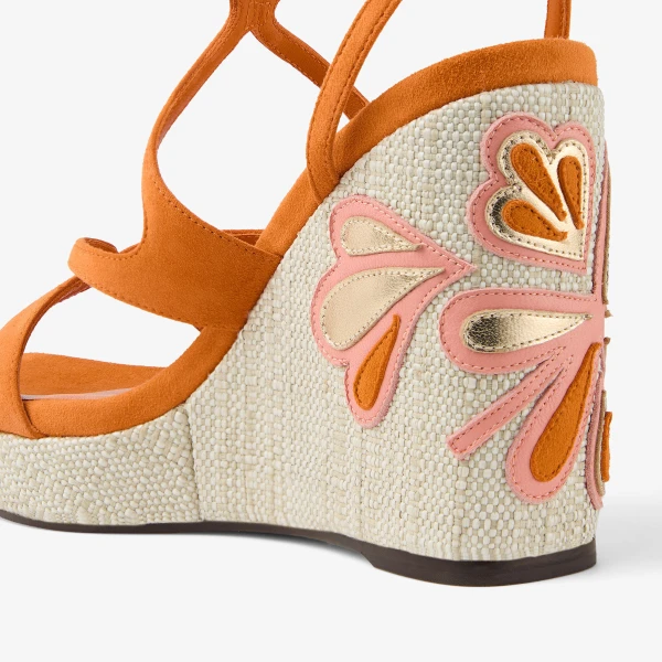 Sunset Orange and Natural Mix Jimmy Choo Ayla 110 Wedges, view 4 | Sandals