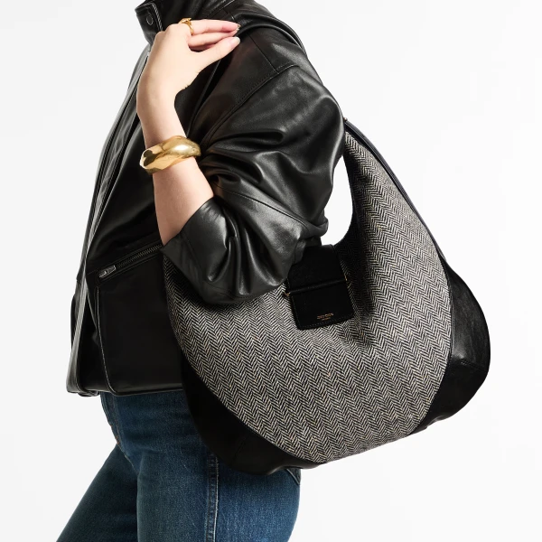 Black, Bamboo Mix and Shiny Gold Jimmy Choo Bar Hobo Medium, view 2 | Shoulder & Crossbody Bags