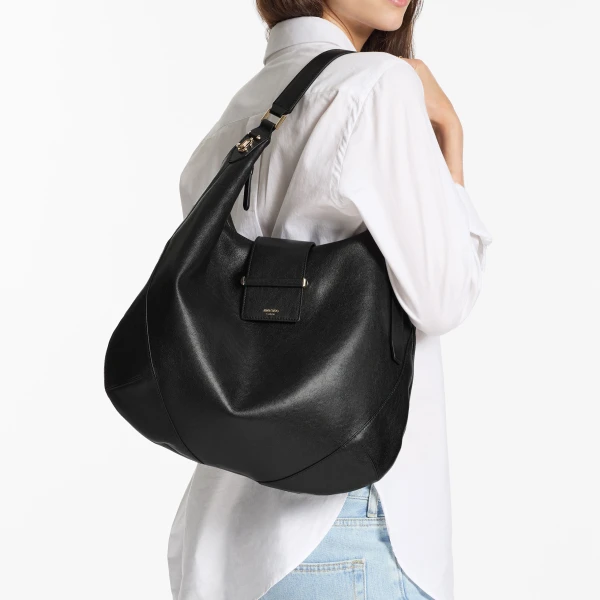 Black and Shiny Gold Jimmy Choo Bar Hobo Medium, view 2 | Shoulder & Crossbody Bags