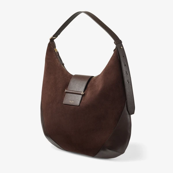 Chocolate and Shiny Gold Jimmy Choo Bar Hobo Medium, view 3 | Shoulder & Crossbody Bags