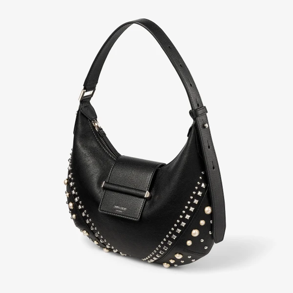 Black, Ivory and Antique Silver Jimmy Choo Bar Hobo Small, view 3 | Shoulder & Crossbody Bags