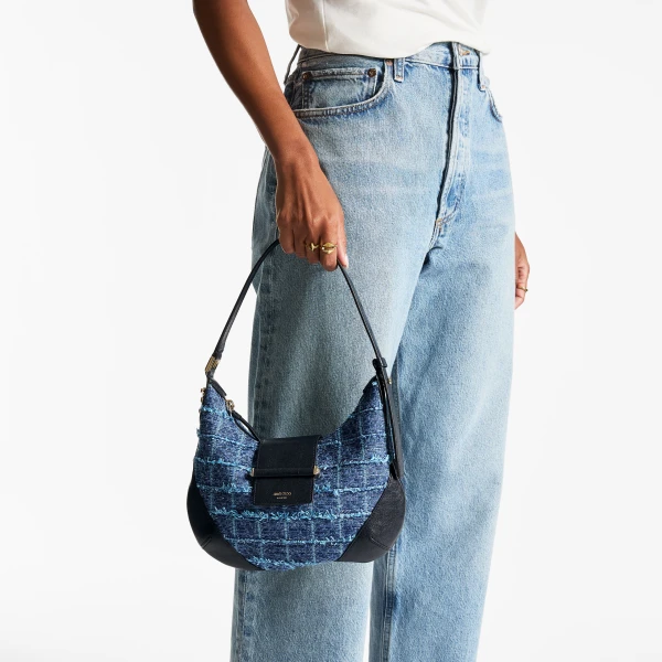 Denim Grid, Marine and Shiny Gold Jimmy Choo Bar Hobo Small, view 2 | Shoulder & Crossbody Bags