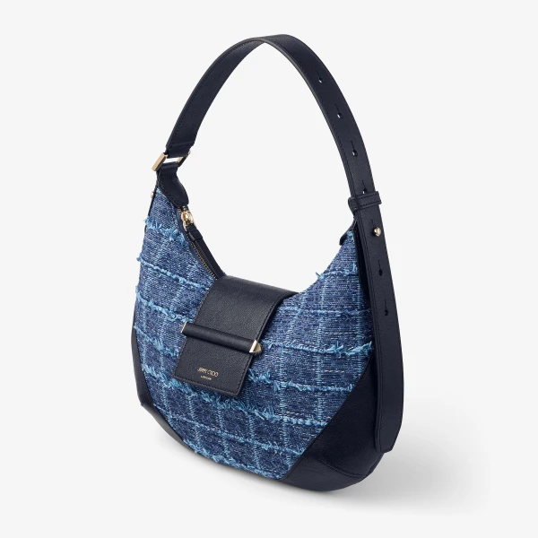 Denim Grid, Marine and Shiny Gold Jimmy Choo Bar Hobo Small, view 3 | Shoulder & Crossbody Bags
