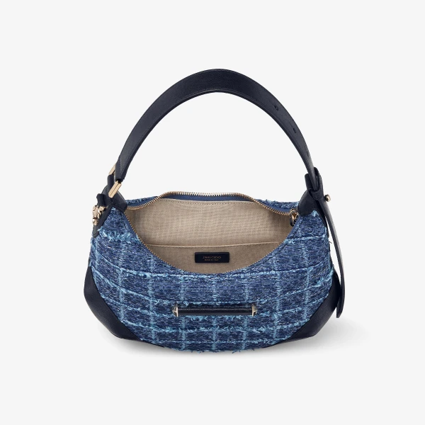 Denim Grid, Marine and Shiny Gold Jimmy Choo Bar Hobo Small, view 5 | Shoulder & Crossbody Bags