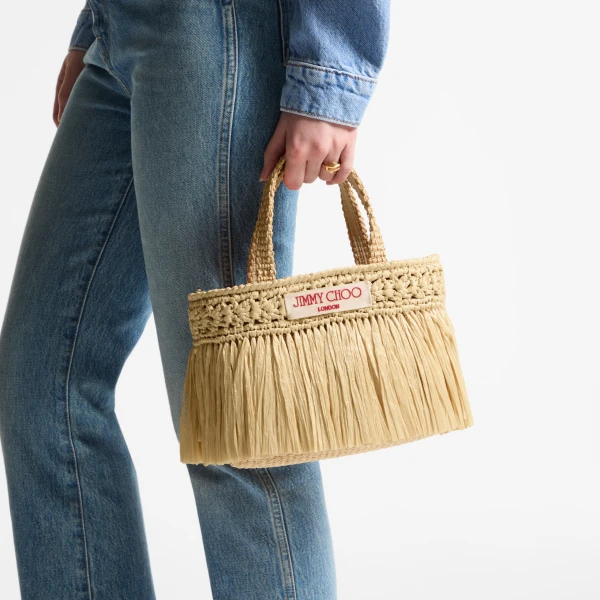 Natural and Light Gold Jimmy Choo Beach Tote East-west Mini, view 2 | Totes & Top-Handle Bags