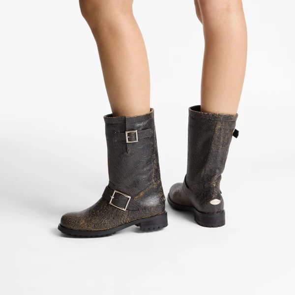 Black and Butterscotch Jimmy Choo Biker Mid Boots, view 2 | Boots