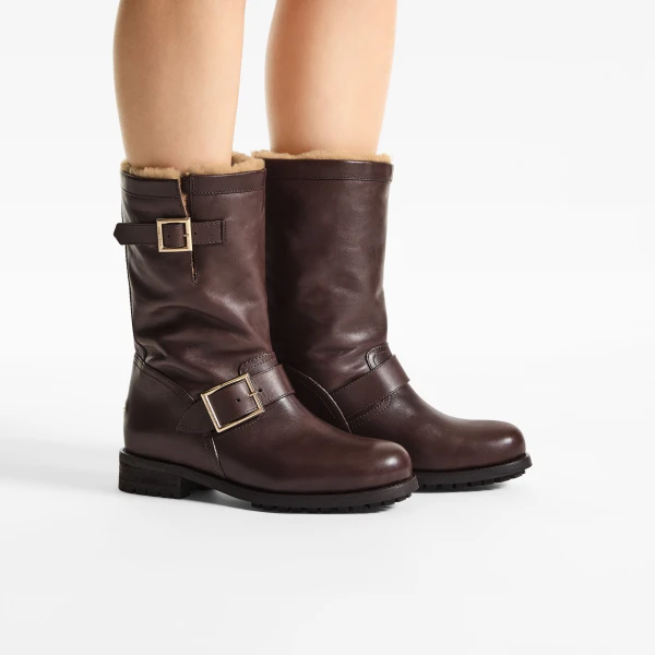 Chocolate and Teddy Jimmy Choo Biker Mid Shearling Boots, view 2 | Boots