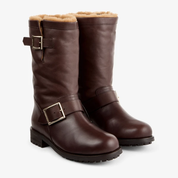 Chocolate and Teddy Jimmy Choo Biker Mid Shearling Boots, view 3 | Boots