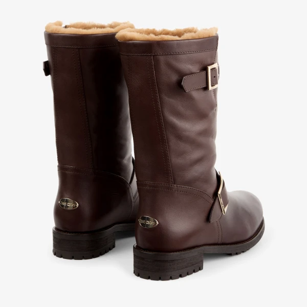 Chocolate and Teddy Jimmy Choo Biker Mid Shearling Boots, view 5 | Boots
