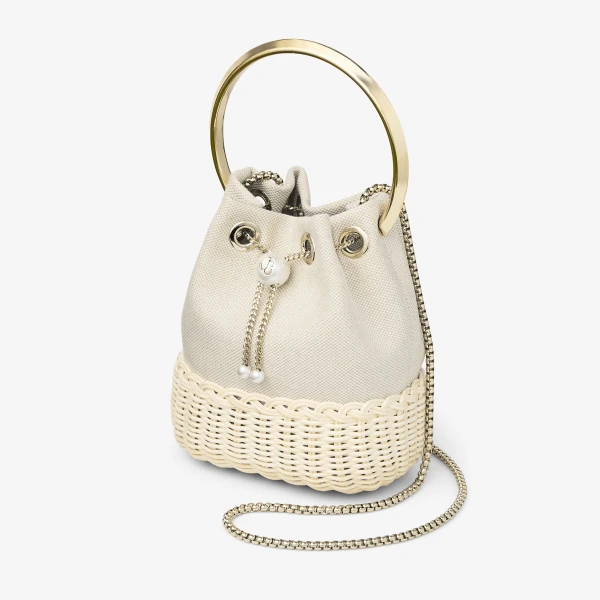 Almond Mix, Natural and Light Gold Jimmy Choo Bon Bon Bucket Bag, view 2 | Bucket Bags