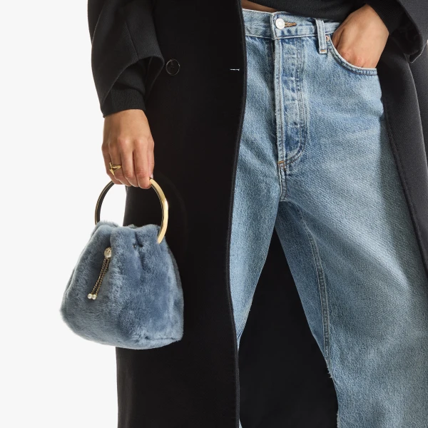 Arctic Blue and Light Gold Jimmy Choo Bon Bon Bucket Bag, view 2 | Bucket Bags