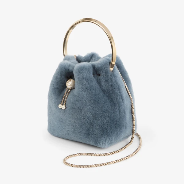 Arctic Blue and Light Gold Jimmy Choo Bon Bon Bucket Bag, view 3 | Bucket Bags