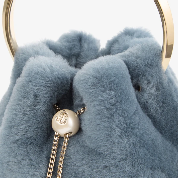 Arctic Blue and Light Gold Jimmy Choo Bon Bon Bucket Bag, view 4 | Bucket Bags