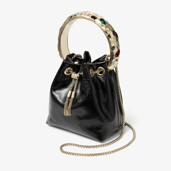 Black, Multi and Gold Jimmy Choo Bon Bon Bucket Bag, view 3 | Bucket Bags