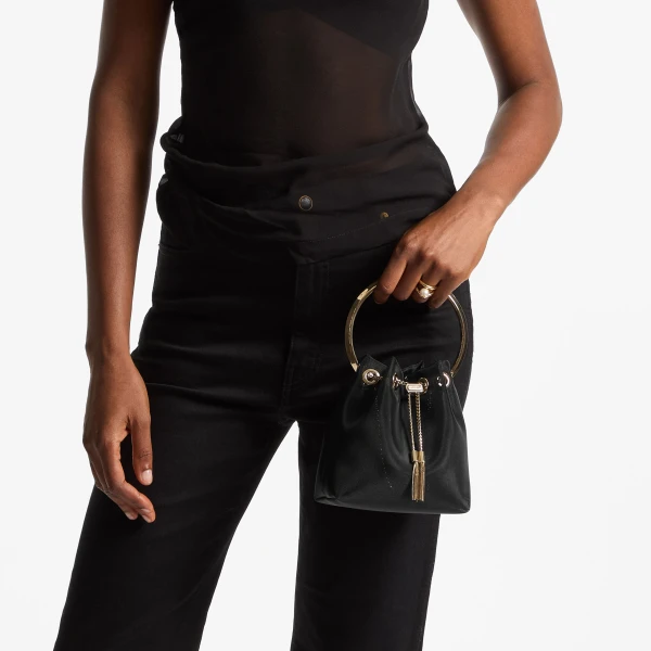 Black and Light Gold Jimmy Choo Bon Bon Bucket Bag, view 2 | Bucket Bags