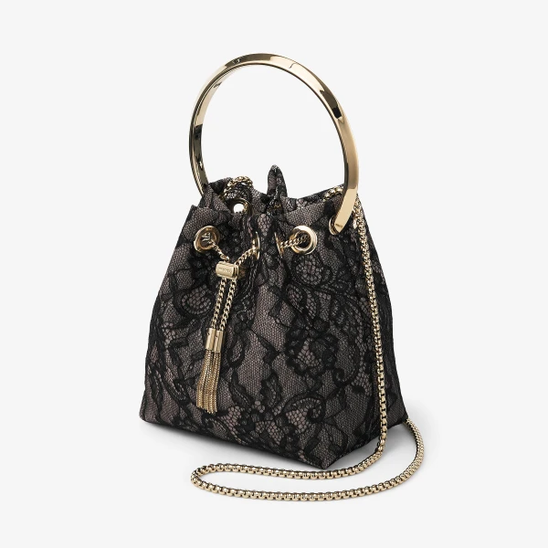 Black and Light Gold Jimmy Choo Bon Bon Bucket Bag, view 2 | Bucket Bags