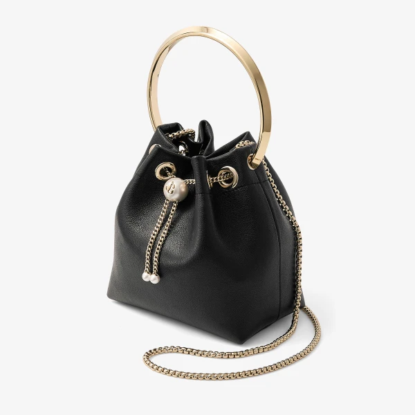 Black and Light Gold Jimmy Choo Bon Bon Bucket Bag, view 3 | Bucket Bags