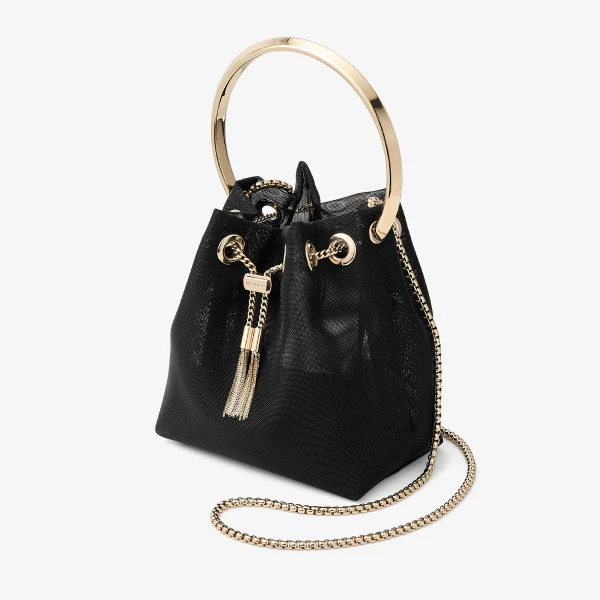 Black and Light Gold Jimmy Choo Bon Bon Bucket Bag, view 3 | Bucket Bags