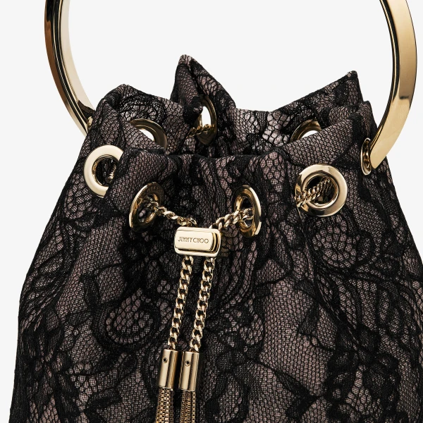 Black and Light Gold Jimmy Choo Bon Bon Bucket Bag, view 3 | Bucket Bags