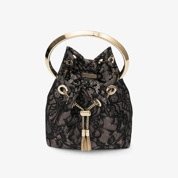 Black and Light Gold Jimmy Choo Bon Bon Bucket Bag, view 4 | Bucket Bags