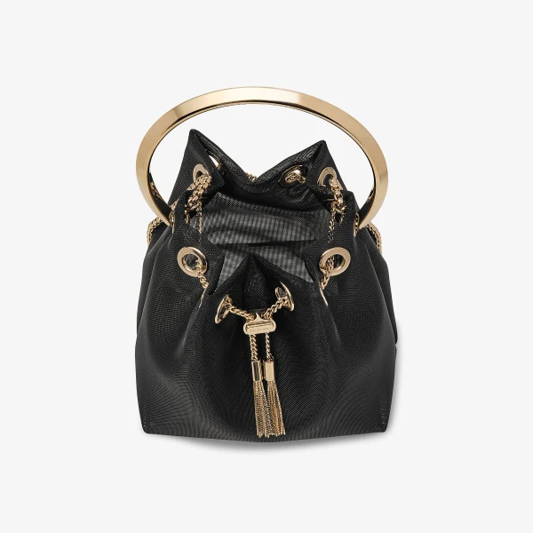 Black and Light Gold Jimmy Choo Bon Bon Bucket Bag, view 5 | Bucket Bags