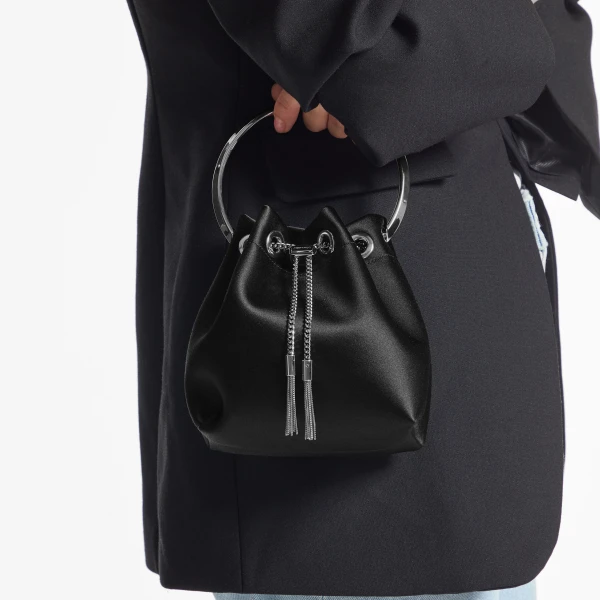 Black and Silver Jimmy Choo Bon Bon Bucket Bag, view 2 | Bucket Bags