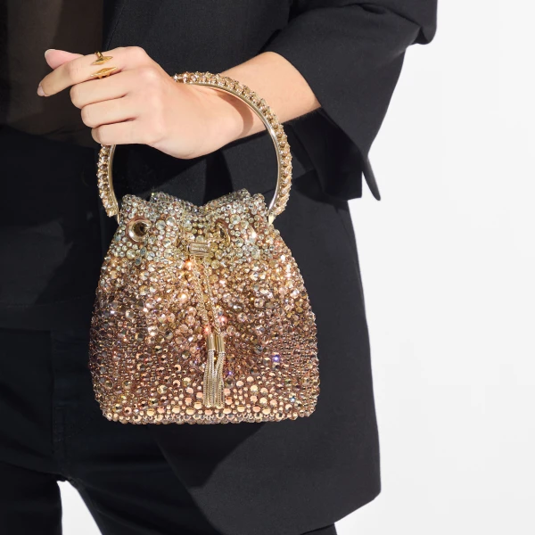Bronze and Honey Mix Jimmy Choo Bon Bon Bucket Bag, view 2 | Bucket Bags