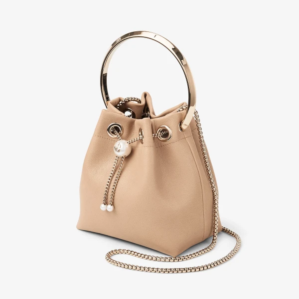 Chai and Light Gold Jimmy Choo Bon Bon Bucket Bag, view 3 | Bucket Bags