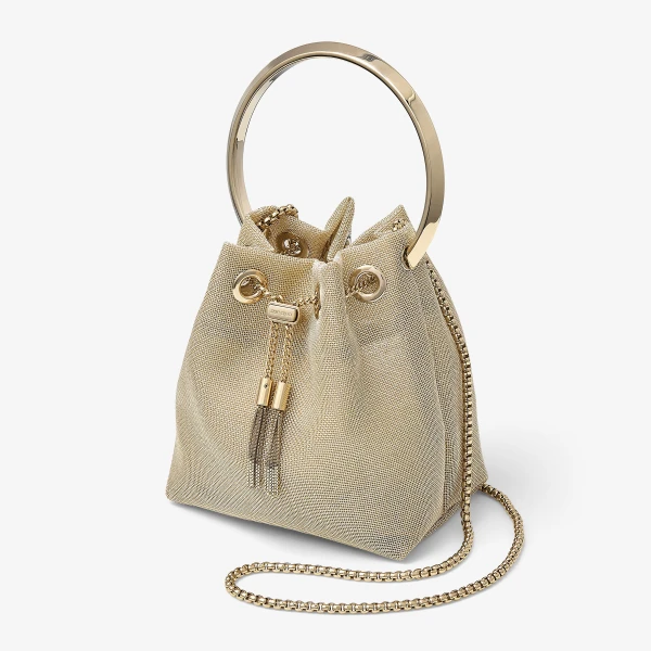 Champagne and Light Gold Jimmy Choo Bon Bon Bucket Bag, view 3 | Bucket Bags