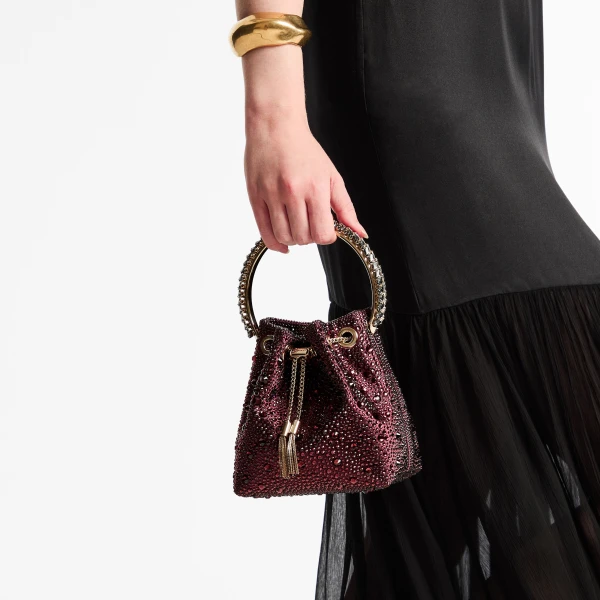 Dark Merlot, Crystal and Light Gold Jimmy Choo Bon Bon Bucket Bag, view 2 | Bucket Bags
