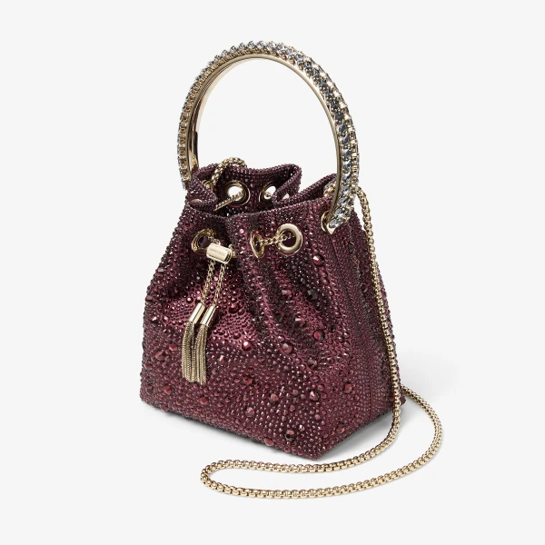 Dark Merlot, Crystal and Light Gold Jimmy Choo Bon Bon Bucket Bag, view 3 | Bucket Bags