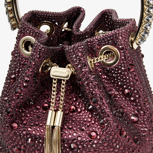 Dark Merlot, Crystal and Light Gold Jimmy Choo Bon Bon Bucket Bag, view 4 | Bucket Bags