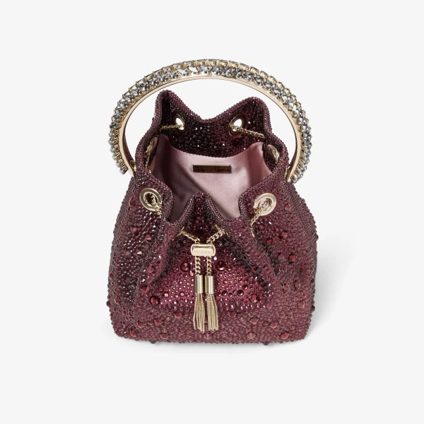 Dark Merlot, Crystal and Light Gold Jimmy Choo Bon Bon Bucket Bag, view 5 | Bucket Bags