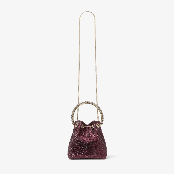 Dark Merlot, Crystal and Light Gold Jimmy Choo Bon Bon Bucket Bag, view 6 | Bucket Bags
