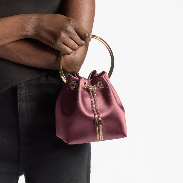Dark Merlot and Light Gold Jimmy Choo Bon Bon Bucket Bag, view 2 | Bucket Bags