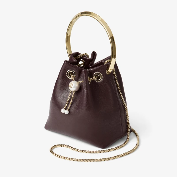 Dark Merlot and Light Gold Jimmy Choo Bon Bon Bucket Bag, view 2 | Bucket Bags