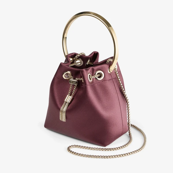 Dark Merlot and Light Gold Jimmy Choo Bon Bon Bucket Bag, view 3 | Bucket Bags