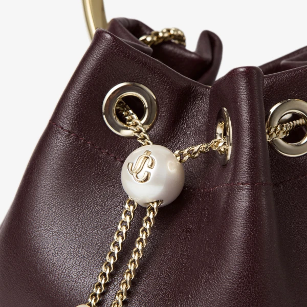 Dark Merlot and Light Gold Jimmy Choo Bon Bon Bucket Bag, view 3 | Bucket Bags