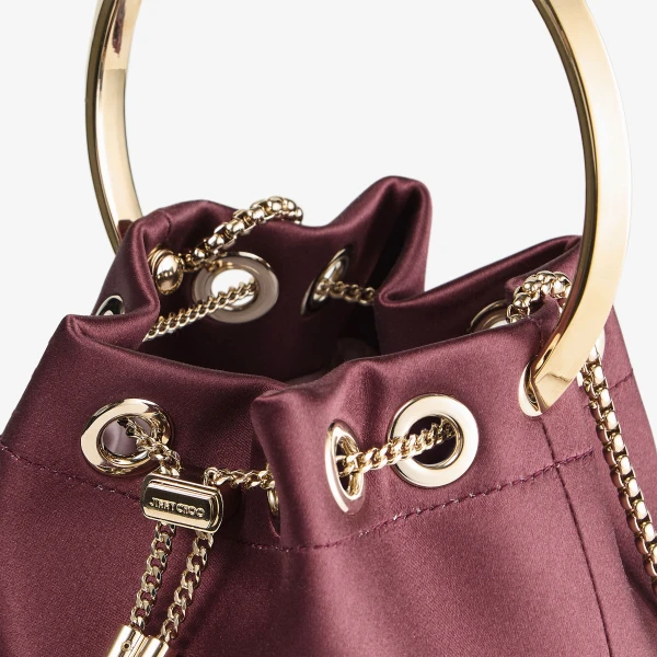 Dark Merlot and Light Gold Jimmy Choo Bon Bon Bucket Bag, view 4 | Bucket Bags