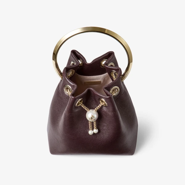 Dark Merlot and Light Gold Jimmy Choo Bon Bon Bucket Bag, view 4 | Bucket Bags