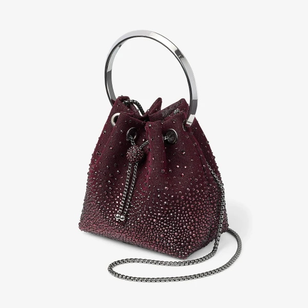Deep Merlot and Dark Silver Jimmy Choo Bon Bon Bucket Bag, view 2 | Bucket Bags