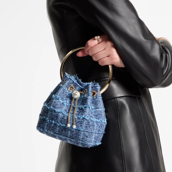 Denim Grid and Light Gold Jimmy Choo Bon Bon Bucket Bag, view 2 | Bucket Bags