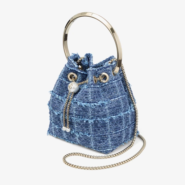 Denim Grid and Light Gold Jimmy Choo Bon Bon Bucket Bag, view 3 | Bucket Bags