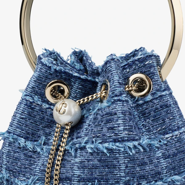 Denim Grid and Light Gold Jimmy Choo Bon Bon Bucket Bag, view 4 | Bucket Bags