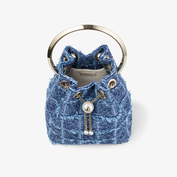 Denim Grid and Light Gold Jimmy Choo Bon Bon Bucket Bag, view 5 | Bucket Bags