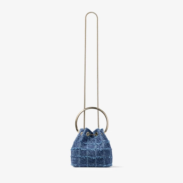 Denim Grid and Light Gold Jimmy Choo Bon Bon Bucket Bag, view 6 | Bucket Bags
