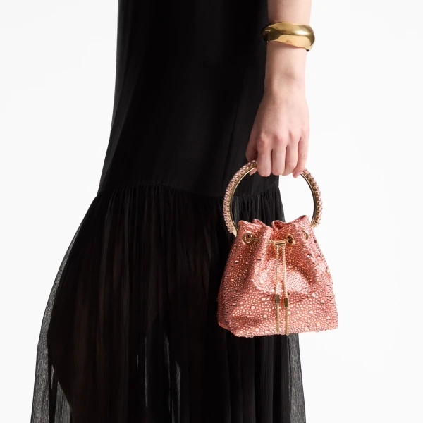 Grapefruit, Crystal and Light Gold Jimmy Choo Bon Bon Bucket Bag, view 2 | Bucket Bags